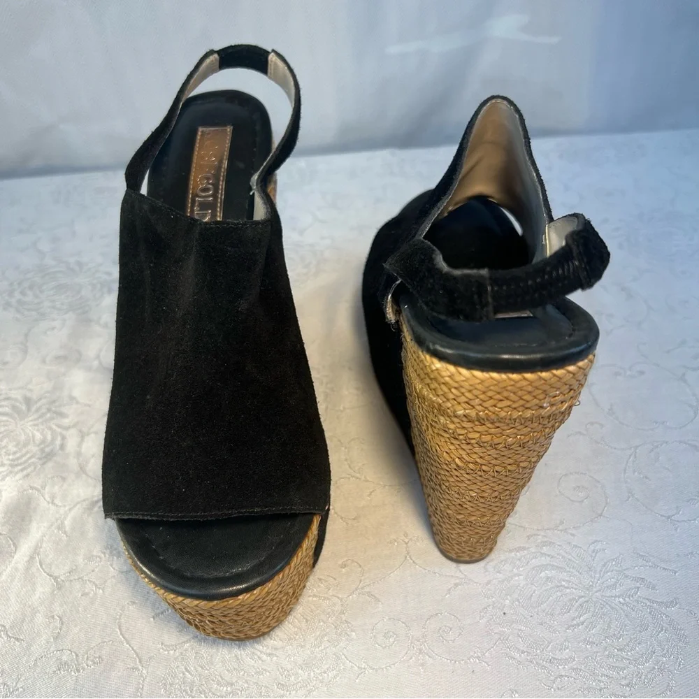 Rose Gold Shoes Lars Black Suede Peep Toe Woven 5” Wedge Heel Strap 37.5/7